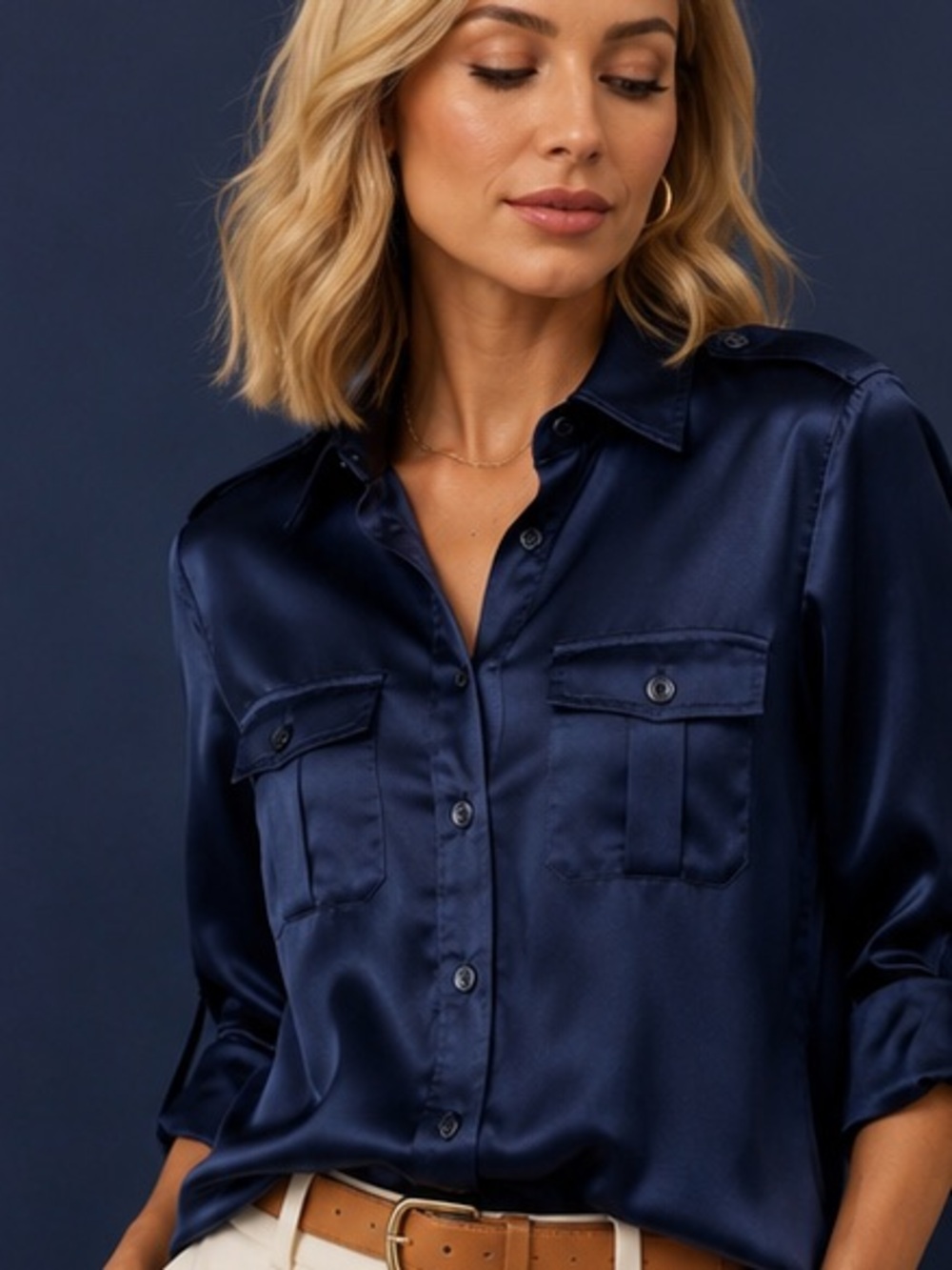 Jones New York Navy Satin Utility Blouse | Button Front Silk-Look Shirt | Size S